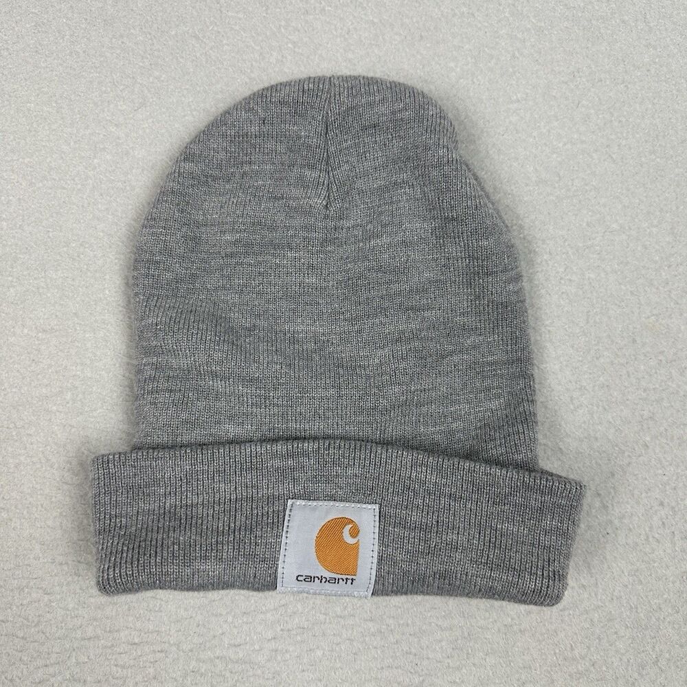 Carhartt Beanie Hat Cap Mens One Size Grey Knit Cuffed Logo Y2K Streetwear